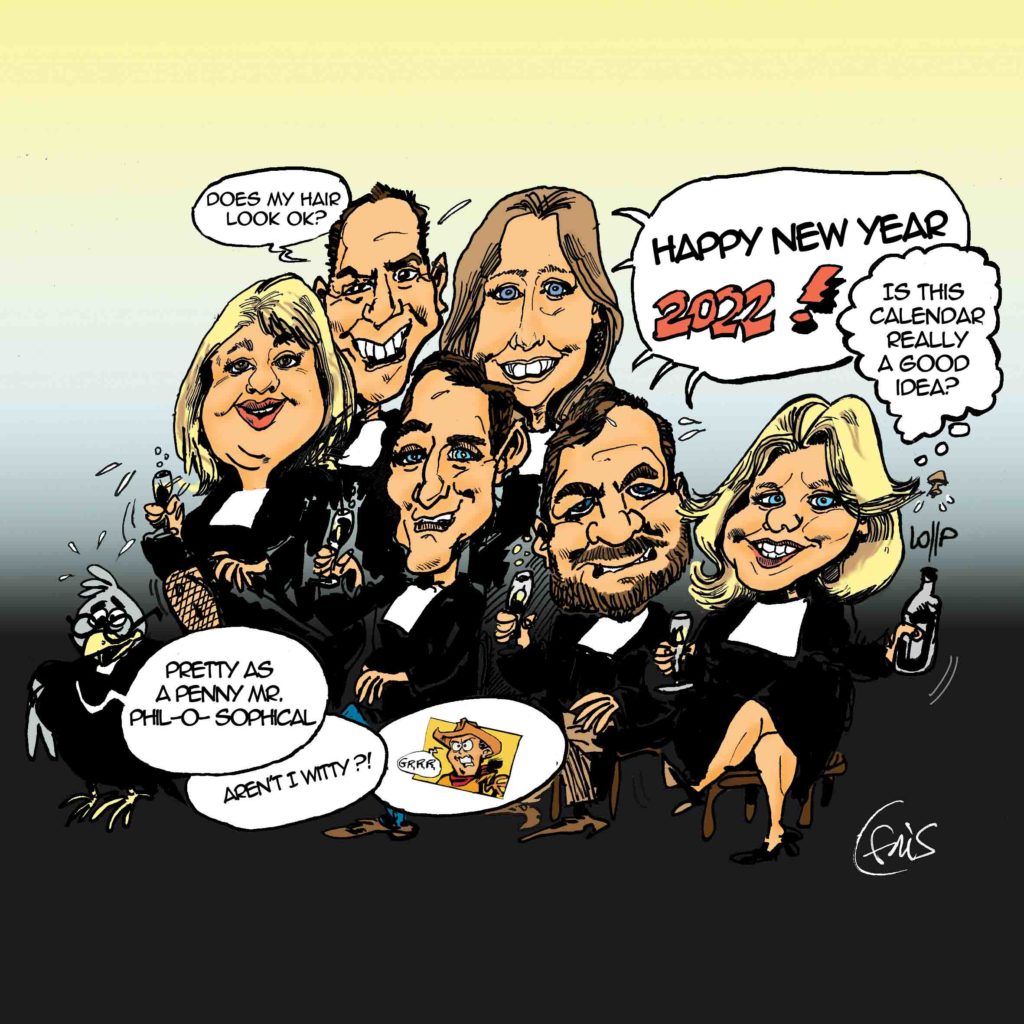 Caricatures de Fris, illustrant le mois de Janvier 2022 du calendrier commandé par le cabinet Pinsent Masons pour sa clientèle anglaise et française.