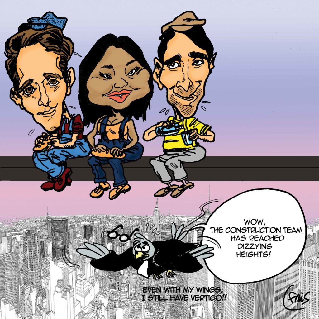 Caricatures de Fris, illustrant le mois de Novembre du calendrier commandé par le cabinet Pinsent Masons pour sa clientèle anglaise et française.