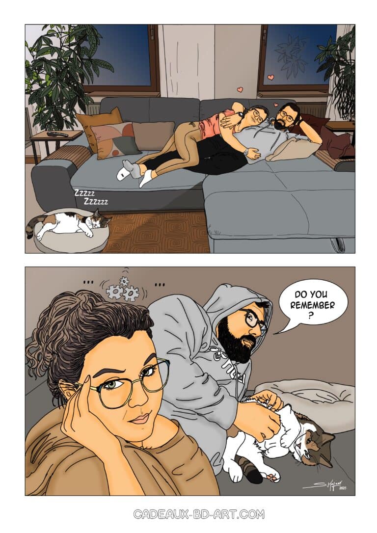 Webtoon 2 cases BD couple dans leur salon, bulle d'intimité et regard complice