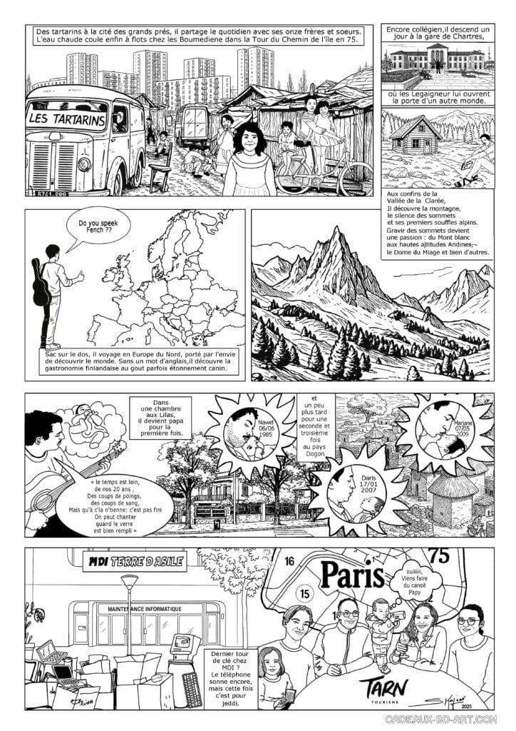 Planche BD N&B ligne claire signée SK-BOOK avec une technique hybride, personnages faits mains, et décors IA. Découpage et mise en scène soignée pour un scéanrio 100% sur mesure