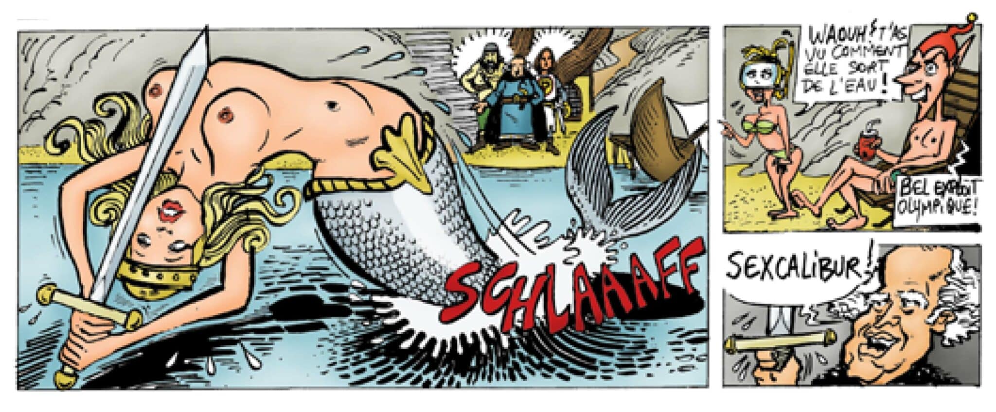 3 cases BD couleur style Franco Belge signé Fris où l'on voit une sirène, un lutin et un mage. BD artisanale 100% fait main.