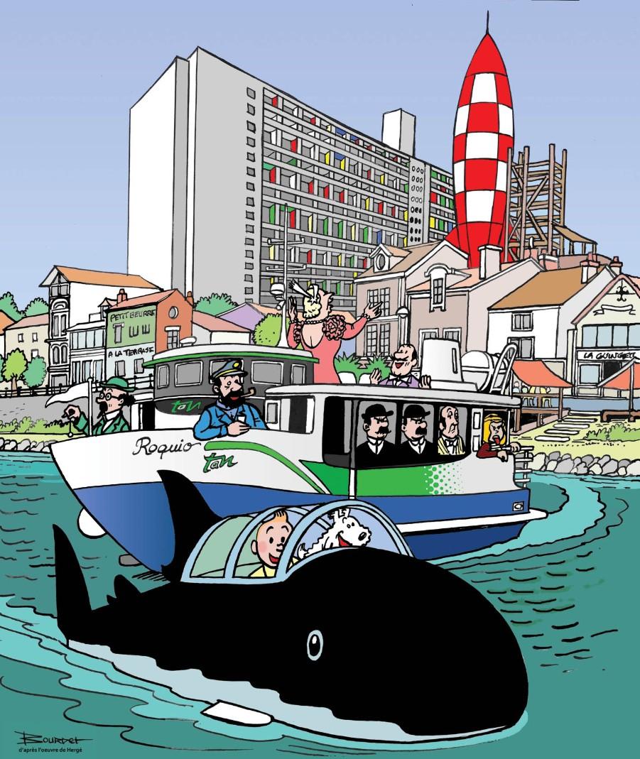 Extrait de l'affiche Collector Franco Belge inspirée de l'oeuvre d'Hergé, dans une composition inédite, signée Bruno Bourdet sur cadeaux-bd-art.com