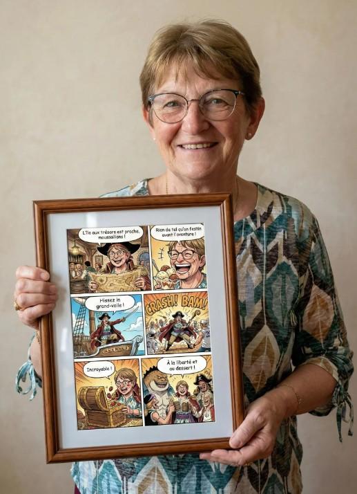 Visuel d'une pub pour BD généraliste, Dessin IA, encadré et tenu par la modèle.