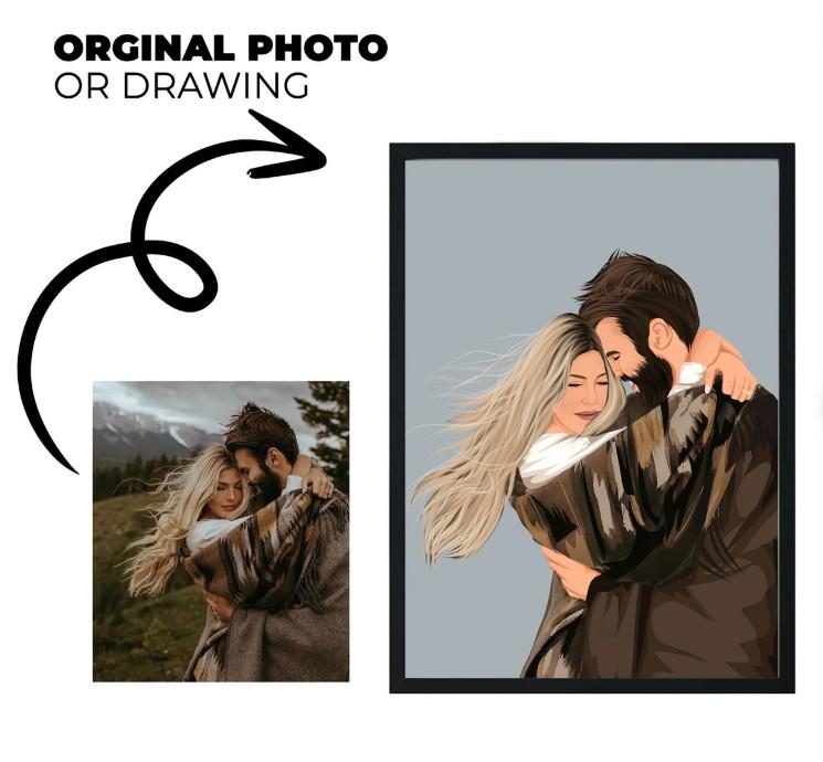 Exemple de graphisme élégant où une photo est transformée en tableau décoratif, fond uni sobre, personnage version dessin.